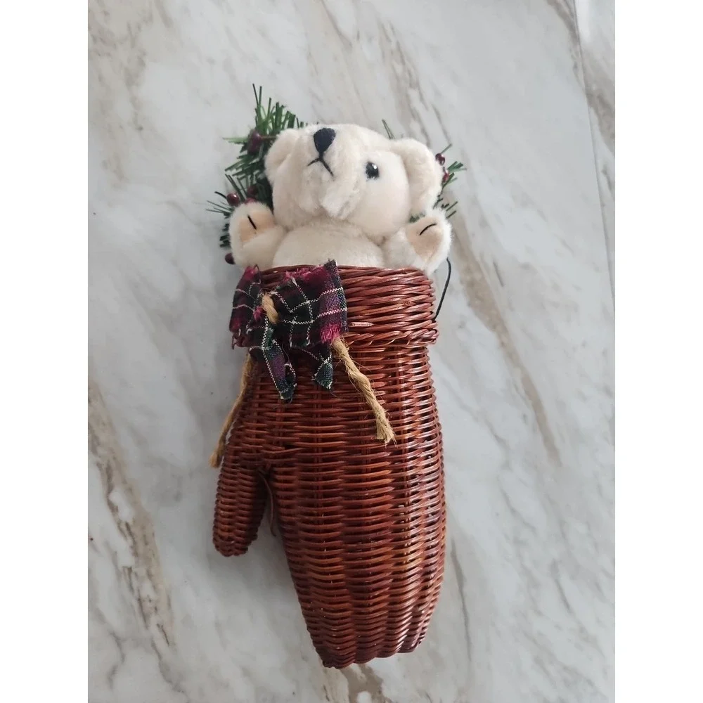 Wicker Rattan Woven Mitten Hanging Basket With Bear Holiday Decor Country